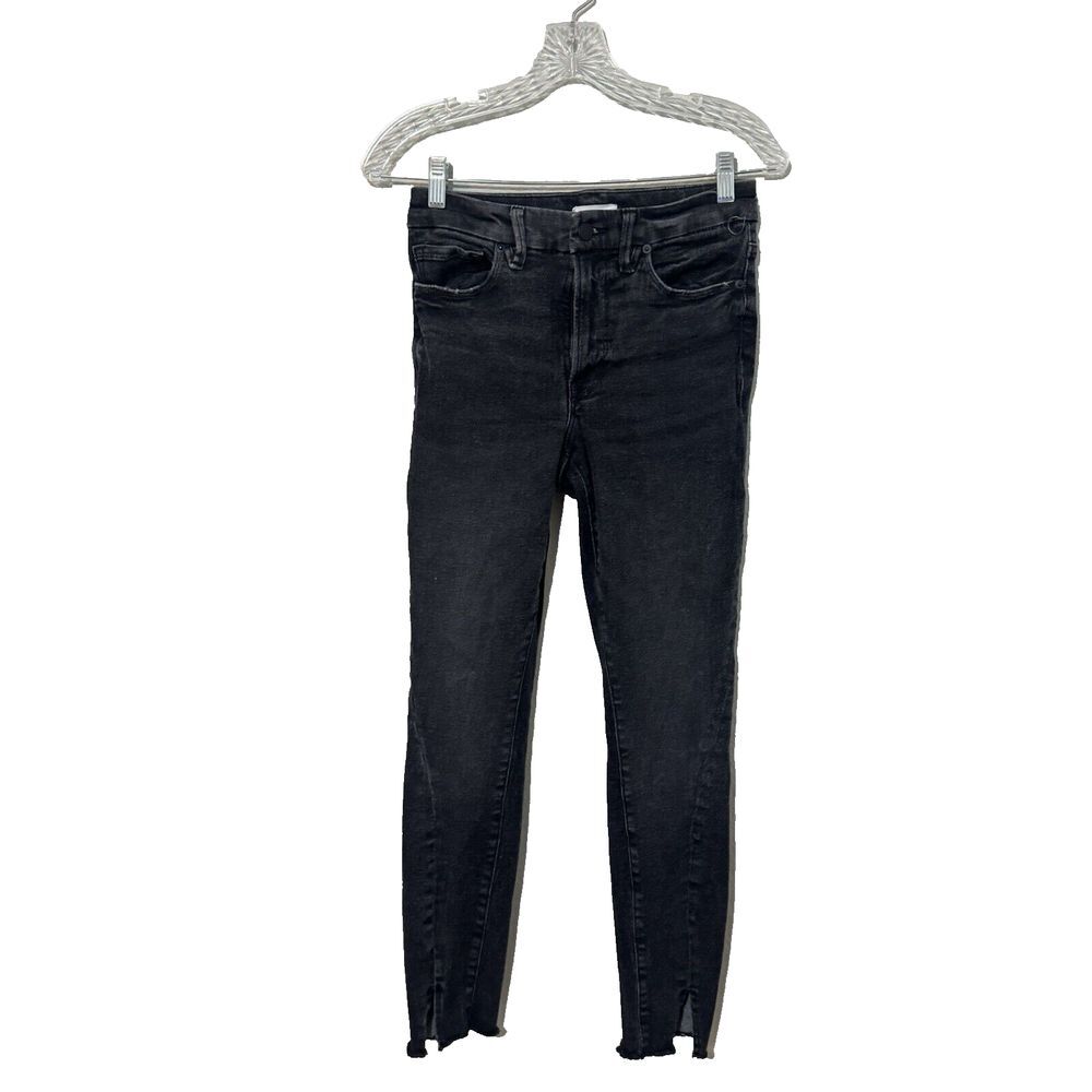 Good American Good Jeans Womens 4/27 Black Stretch Split Ankle Fray